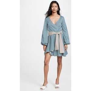 Caroline Constas Mini Teal Striped Tie Waist Lena Poplin Dress Size Large
